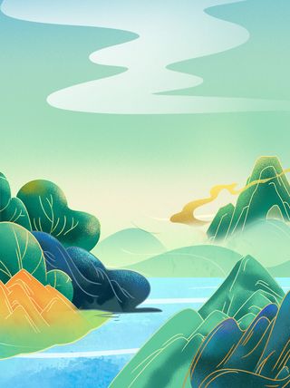 中国风国潮风山水祥云插画图案首页装修海报背景PSD设计模板素材