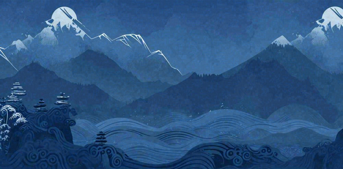 中国风意境山脉雪山海浪蓝色云层，末日暗黑恐怖(1488x736)