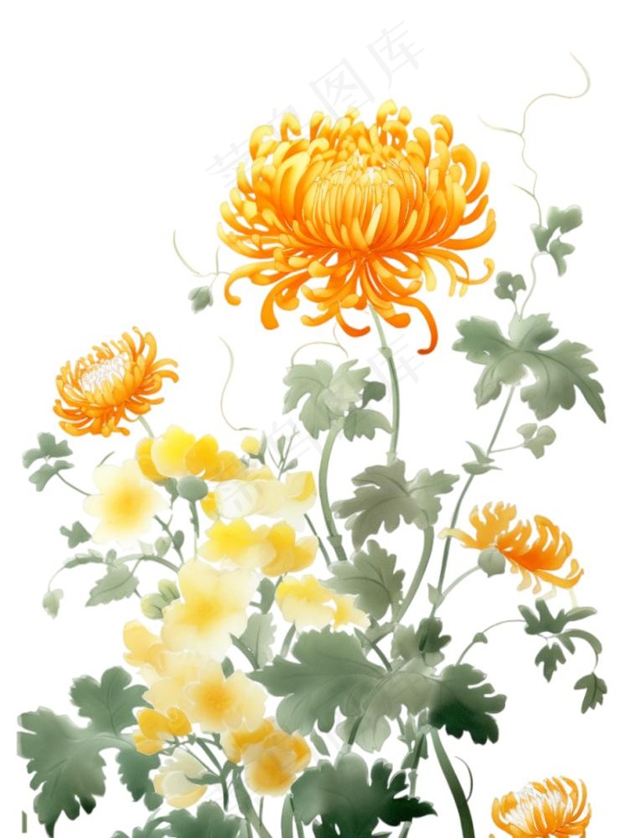黄色菊花水墨画茶壶重阳节元素免抠