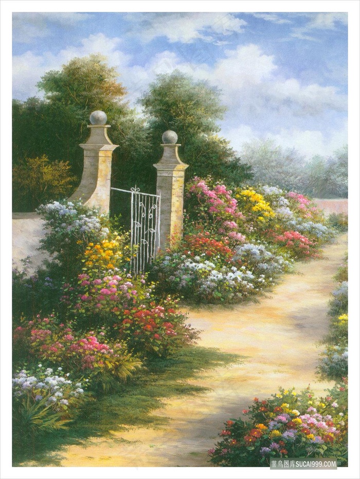 花卉小路高清建筑风景画油画