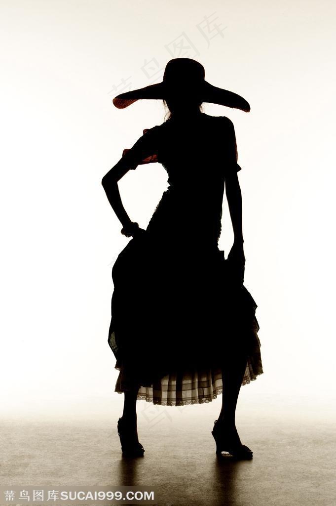 时尚服饰广告素材 提着裙子带着草帽的女性人物剪影