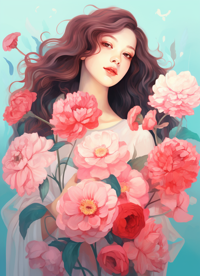 美丽少女抱着大捧粉色鲜花卡通插画