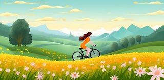 春天蓝天鸟白云群山花丛草丛骑着自行车的女孩人物插画素材背景