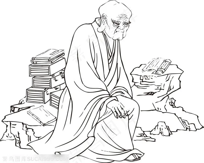 老态龙钟的读者和尚手绘线描108罗汉矢量PNG绘画图片