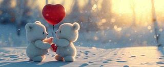 冬天雪地落日下爱情小熊，浪漫雪花情人节520爱情气球摄影图