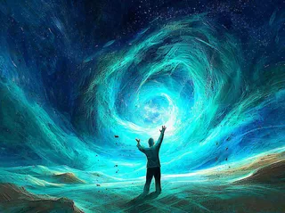 夜晚天空科幻绚丽星空下的人，暗黑天蓝