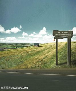 道路草地美景高清背景图片