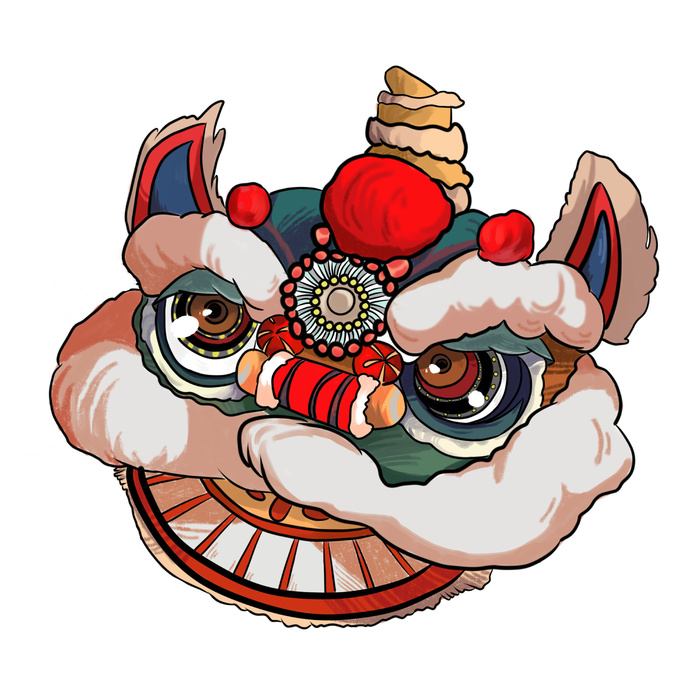 新年春节虎年元宵手绘人物舞狮卡通狮子头插画元素PSD设计素材