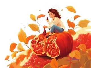 石榴水果少女卡通插画免抠