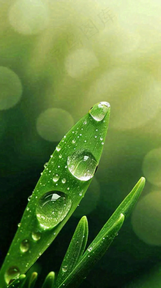 春天树叶草叶上晶莹剔透的水珠，雨水摄影图(816x1456)