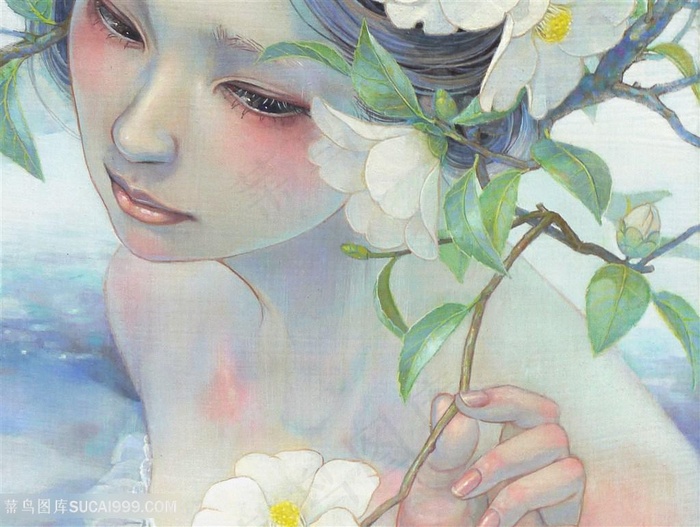 淡彩女性与花朵手绘油画素材绘画图片素材