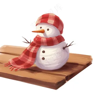 木板上的雪人帽子围巾卡通插画