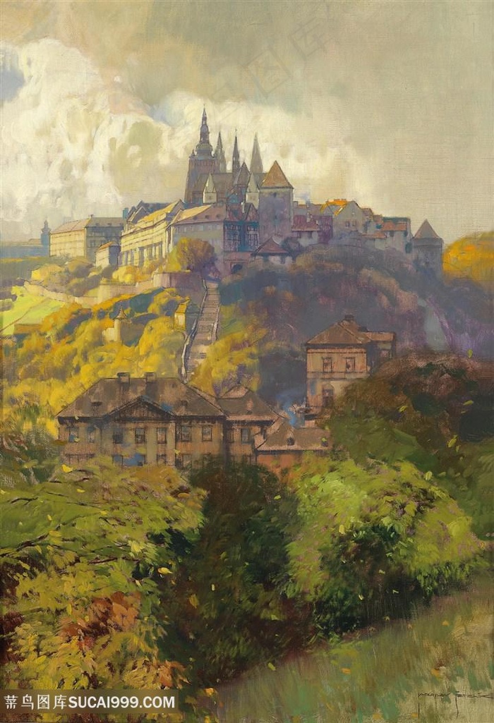 欧美小镇风景油画图片