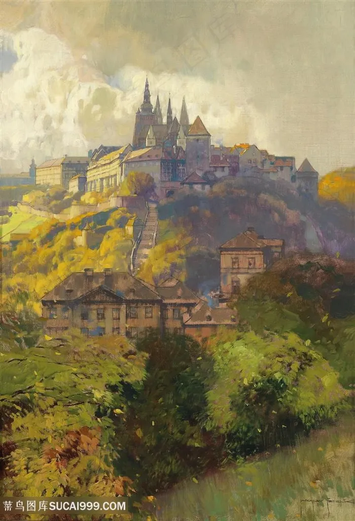 欧美小镇风景油画图片