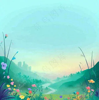 春天山脉小溪河流花丛绿植清新手绘插画，春分惊蛰