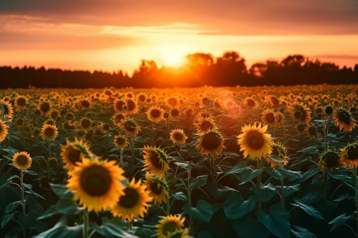 向日葵田上的金色夕阳和明亮的太阳摄影图壁纸