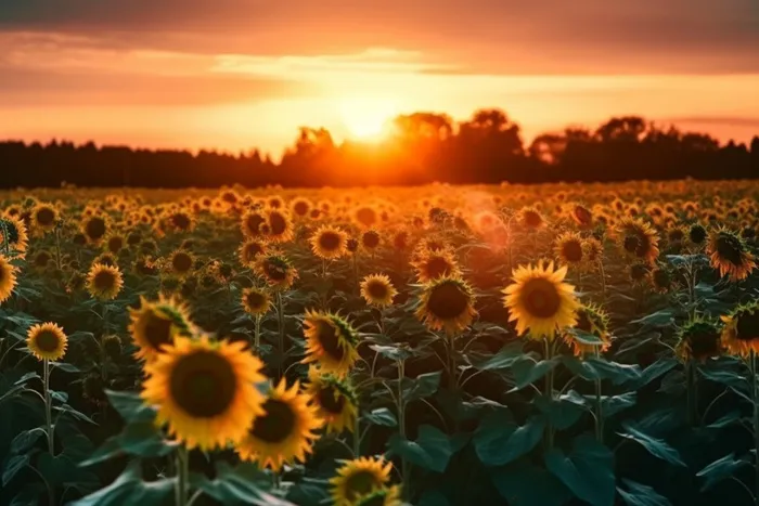 向日葵田上的金色夕阳和明亮的太阳摄影图壁纸(5376x3584)