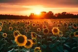 向日葵田上的金色夕阳和明亮的太阳摄影图壁纸