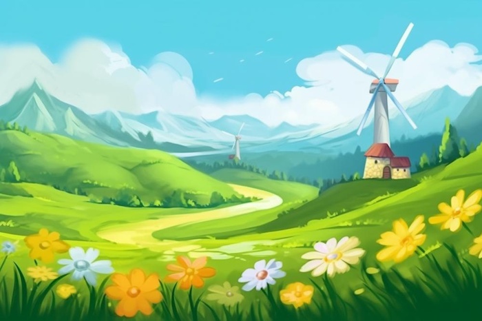 蓝天白云草地小花清新背景