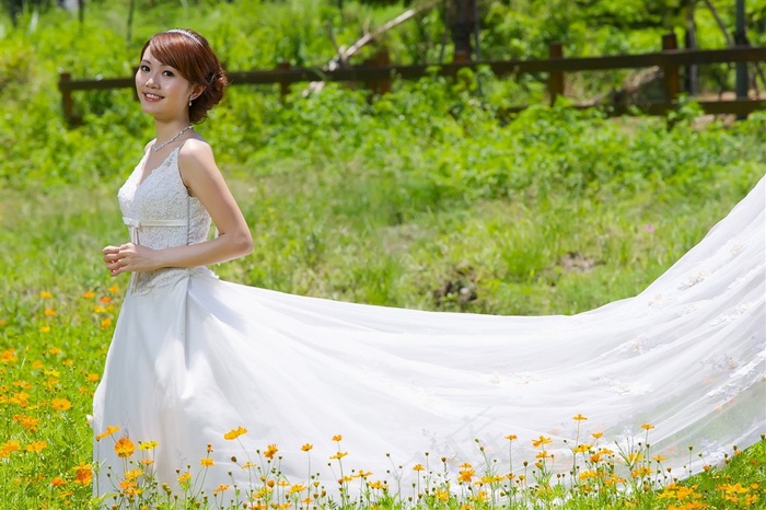 白色婚纱美女新娘草地写真素材图