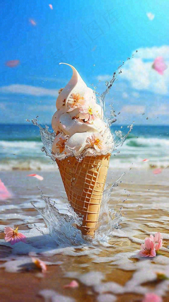 夏天沙滩海边雪糕清爽美食冰淇淋，夏至小暑大暑