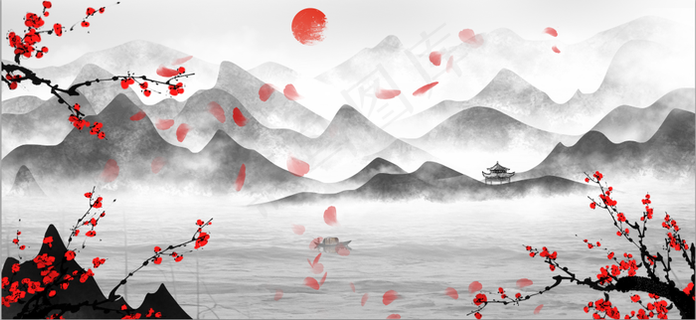 新中式山水花鸟红日水墨复古中国风背景高清图免抠元素客厅卧室装饰画玄关画