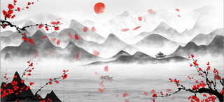 新中式山水花鸟红日水墨复古中国风背景高清图免抠元素客厅卧室装饰画玄关画