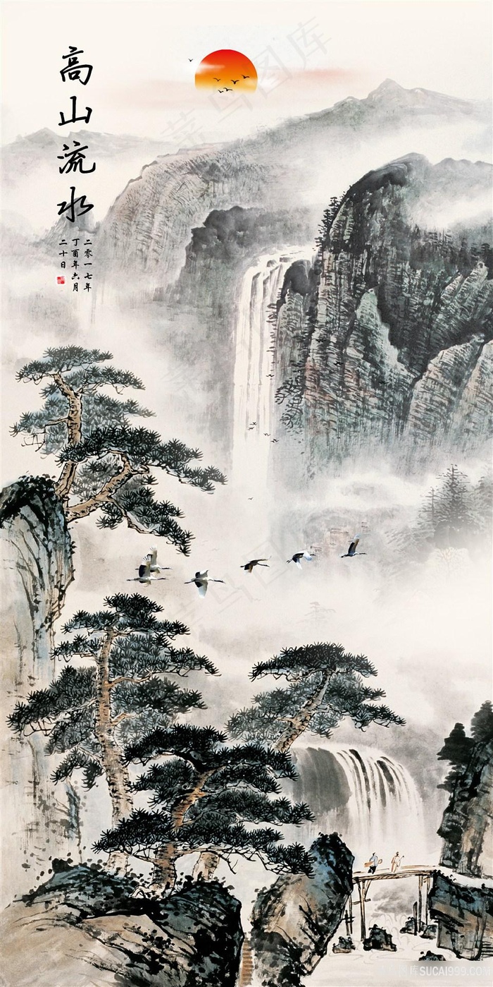 流水生财风景字画高清分辨率喷绘打印办公室挂画素材山水花草