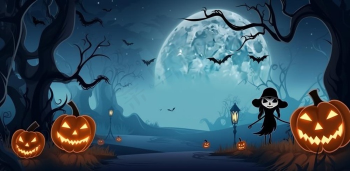 万圣节夜晚坟墓恐怖月色树林插画蓝黑色背景(1568x768)