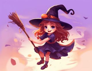 万圣节女巫骑扫把紫色卡通插画背景