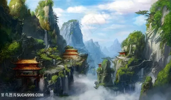 中国风金碧建筑物CG原画绘画图片