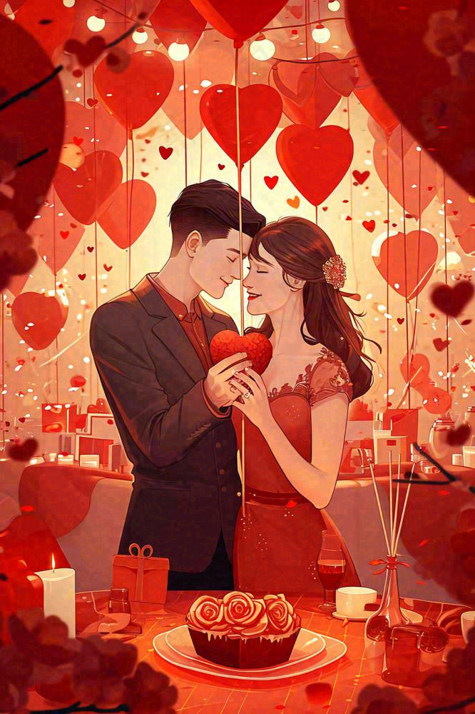 情人节爱心浪漫情侣晚餐生日蛋糕插画手绘