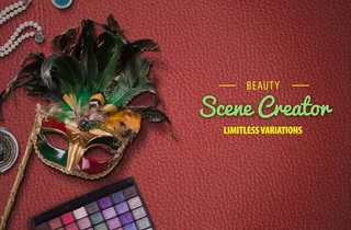 面具眼盘化妆品皮革背景俯视图