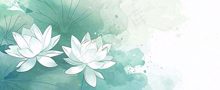 夏天荷花荷叶手绘绿色插画，夏至小暑大暑