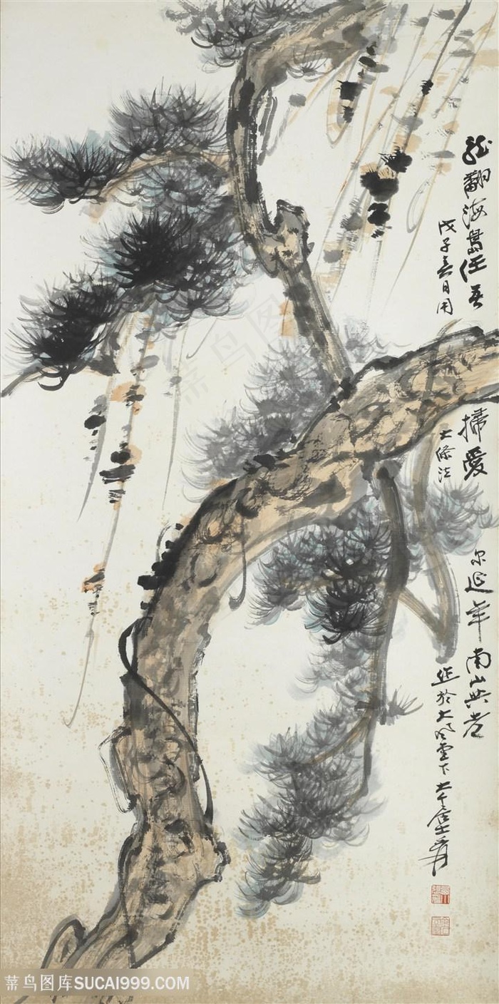 张大千手绘水墨松树装饰画