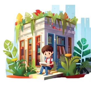 图书馆门口看书的男孩植物绿叶免抠