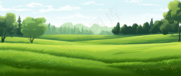 乡村草丛树木卡通插画背景(4368x1836)