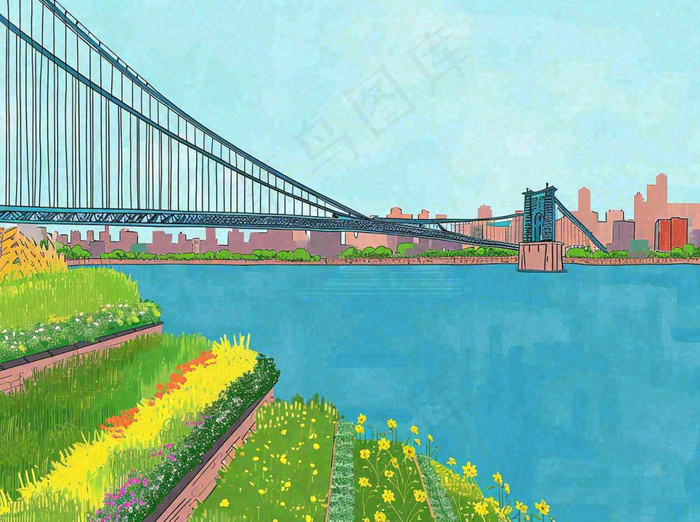 城市河边草地交通风景，春天阳光蓝天白云手绘插画(1264x944)
