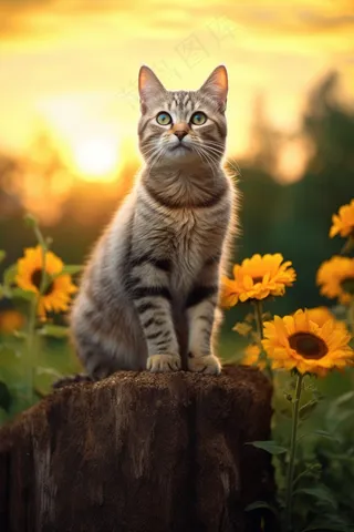 猫咪宠物草丛花丛摄影图