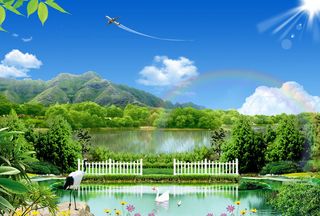 蓝天白云风景画流水生财装饰画