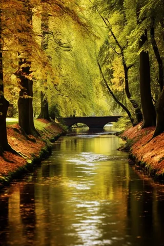 秋天河流两侧的树木森林落叶拱桥摄影图