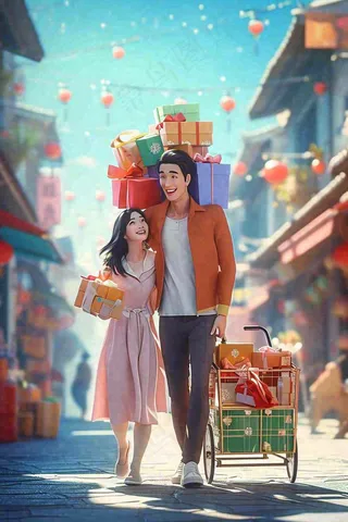 购物插画手绘卡通礼物，电商