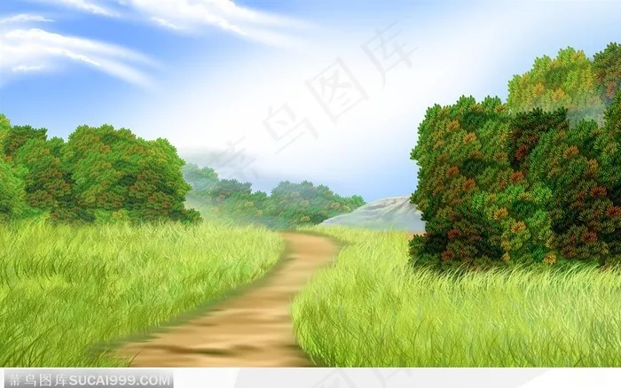 蓝天白云下的树林草丛和小路