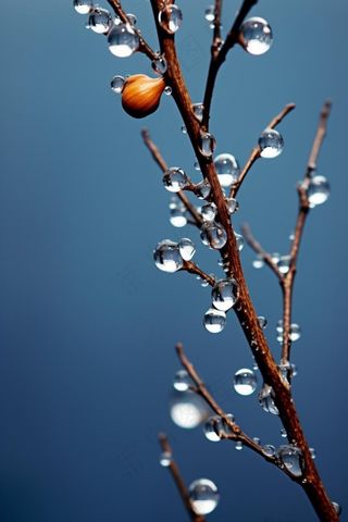 冰冷露珠树枝背景