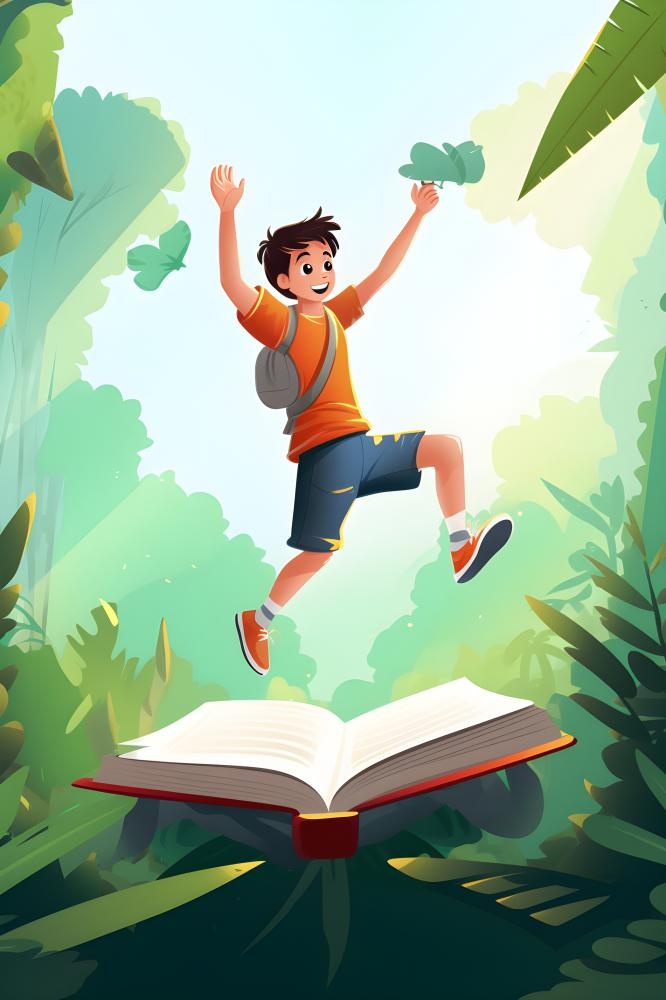 学生跳跃书籍花草背景