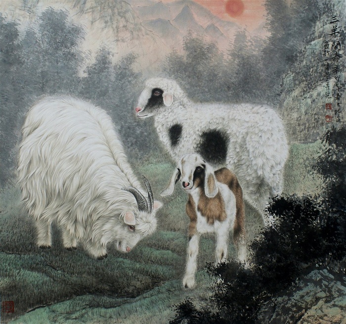 工笔山羊国画