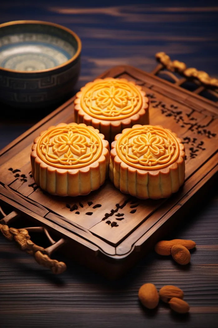 中秋木质托盘餐具上摆放着的月饼和茶壶杯子摄影图(2688x4032)