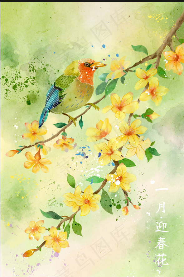 花鸟迎春花桃花免扣元素高清背景图壁画挂画装饰画psd模版下载