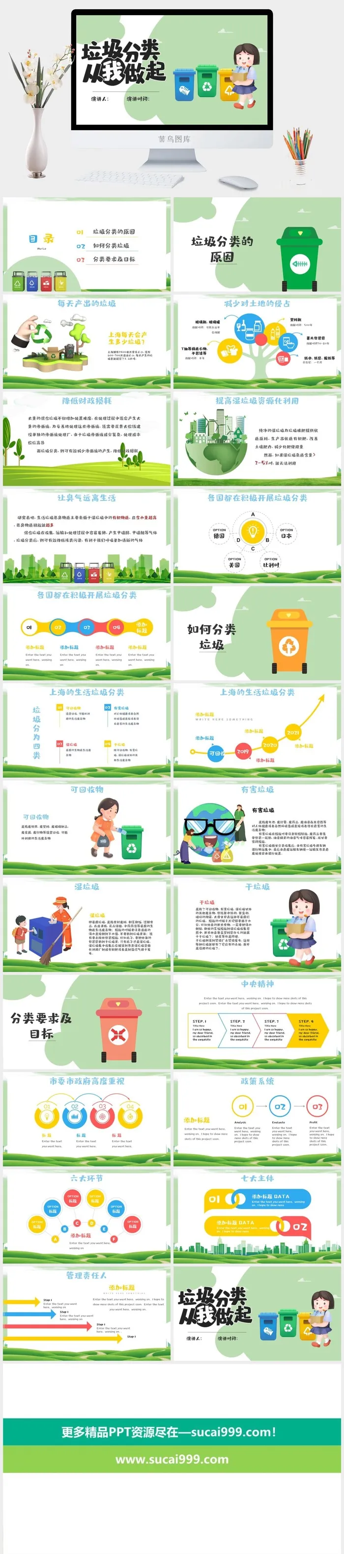 绿色卡通插画垃圾分类PPT模板