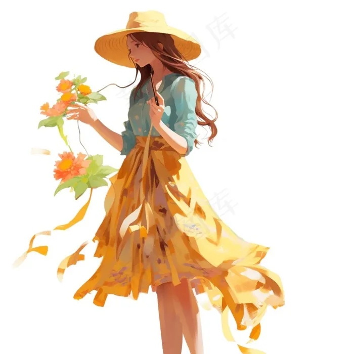 秋日美丽的少女油画插画免抠(1024x1024)